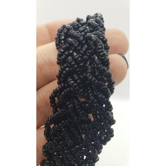 Black Glass Bead Multi Strand Braided Necklace Chunky Wide Twist Collar Choker - Picture 6 of 10